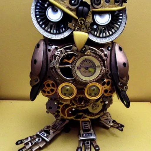 Prompt: owl steampunk robot thats high detailed and cute,