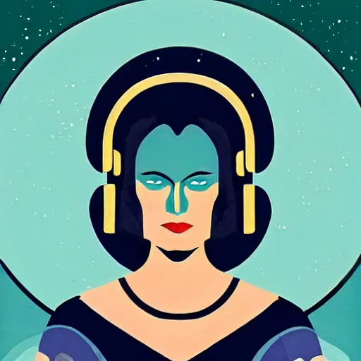 Image similar to art deco of a space woman, teal pallette, random artist