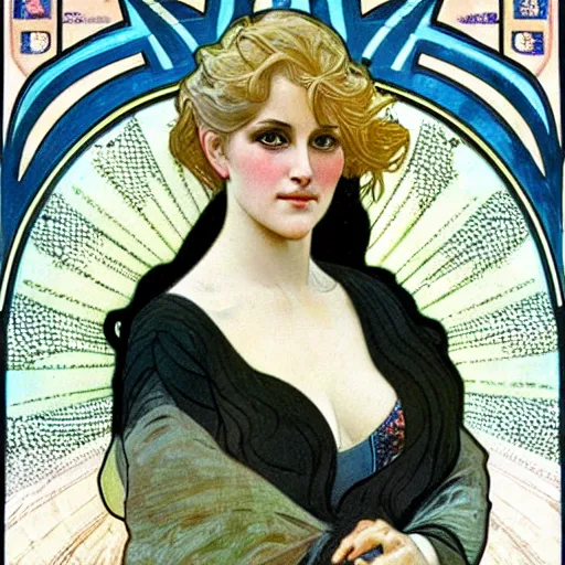 Image similar to blonde danish sports woman portrait by louis - theophile hingre and alphonse mucha, realistic, sharp focus, art nouveau, smart, wisdom, power, swimming