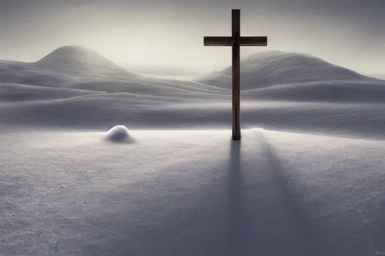 Prompt: a cross on a snow covered field, landscape inspired by salvador dali, a matte painting by li shida, cgsociety, context art, redshift, matte painting, reimagined by industrial light and magic