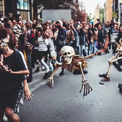 Image similar to A skeleton chasing a crowd of screaming people through the street