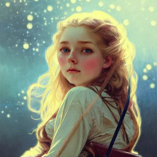 Image similar to Portrait of a young girl on a wooden swing, long blonde hair and sparkling blue eyes, face, vintage, retro, detailed, intricate, digital painting, artstation, concept art, smooth, sharp focus, illustration, art by Krenz Cushart and Artem Demura and alphonse mucha