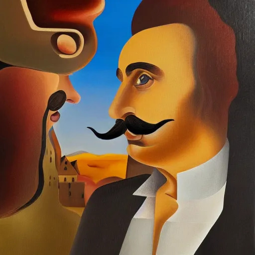 Image similar to picture with abstract elements, man with moustache following princess in the town from 18th century by salvador dali, 4k, painting, artstation