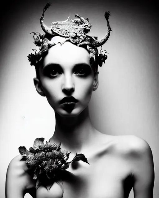 Image similar to a black and white high quality dreamy photo of a young beautiful female queen-pale dragon-vegetal-many flower-cyborg bust with a very long neck, elegant, highly detailed, poetic, soft, dreamy, mysterious, high fashion, rim light, in the style of Ellen von Unwerth, Realistic, Refined, Digital Art, Highly Detailed, Cinematic Lighting, rim light, black and white, photo-realistic, 8K