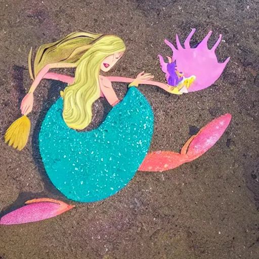 Image similar to a mermaid dancing with a crab under the sea.