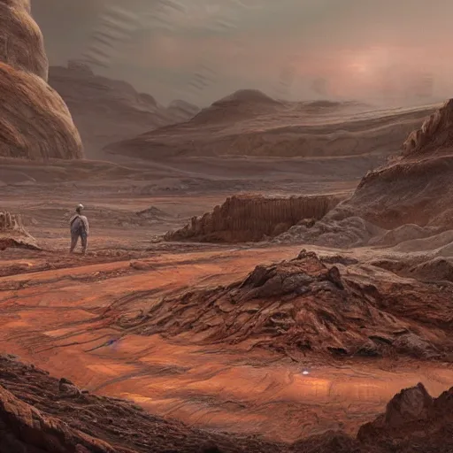 Image similar to matte painting of a sci - fi mining work exploring toxic sulfur pools of hestia rupes mars landscape, highly detailed, vidid, epic scenery, windy, at dusk