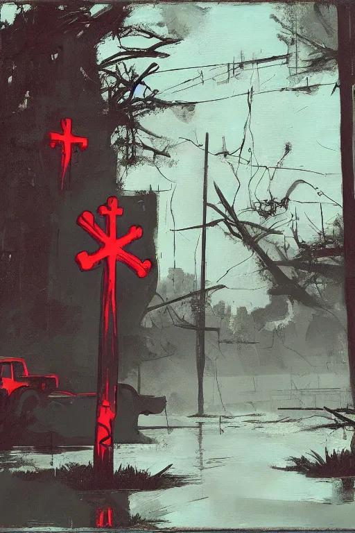 Image similar to scene fromlouisiana swamps, old protestant church with neon cross, junkyard by the road, boy scout troop, voodoo artwork by tim eitel