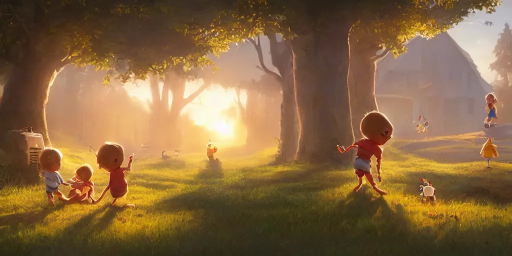Prompt: cottagecore illustration children playing with a smiling roboton a peaceful morning, pixar and disney animation, sharp, rendered in unreal engine 5, art by greg rutkowski, bloom, dramatic lighting, sunrise