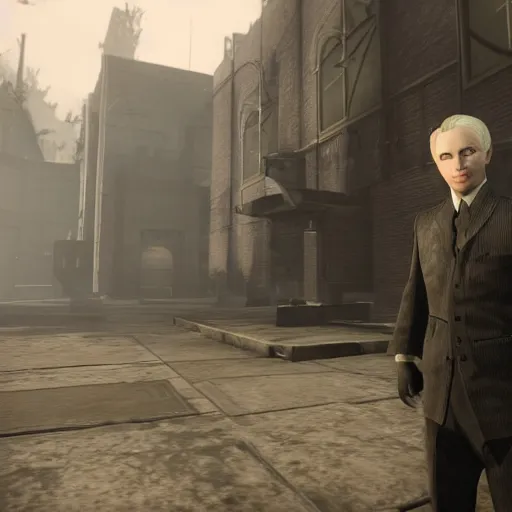 Prompt: Draco Malfoy in the call of duty zombies map Tranzit, screenshot, BO2 Tranzit,