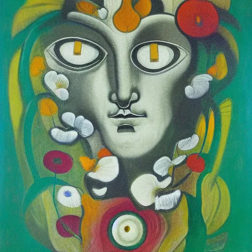 Image similar to floral face portrait by leonetto cappiello and wojciech siudmak and ernst fuchs, anni albers, oil on canvas