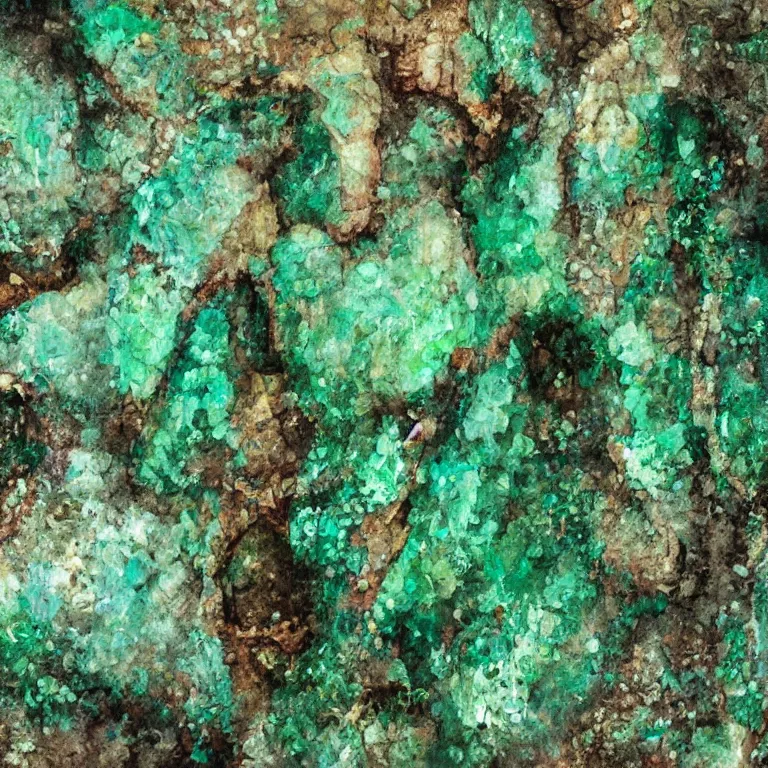 Prompt: big green emerald crystal gems embedded, worn decay texture, intricate concept art painting, fantasy, nature grotesque dark