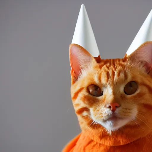 Image similar to orange tabby cat wearing a dunce cap, realistic photography