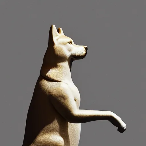Prompt: side portrait of a shiba inu in the form of a greek sculpture in marble, with a gold crown, baroque elements in the background, museum. photorealistic. ultra detailed. flash. intricate artwork by miguel angel. octane render. cinematic. 4 k. bokeh.