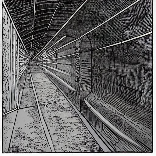 Prompt: a tunnel in space, brutalist architecture, by moebius