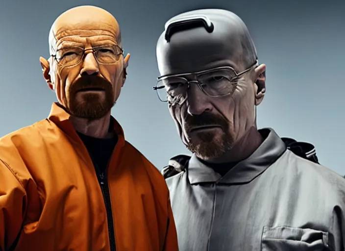 Image similar to film still of Walter White as Gordan Freeman wearing Black Mesa Jumpsuit in the Half Life Movie, 4k