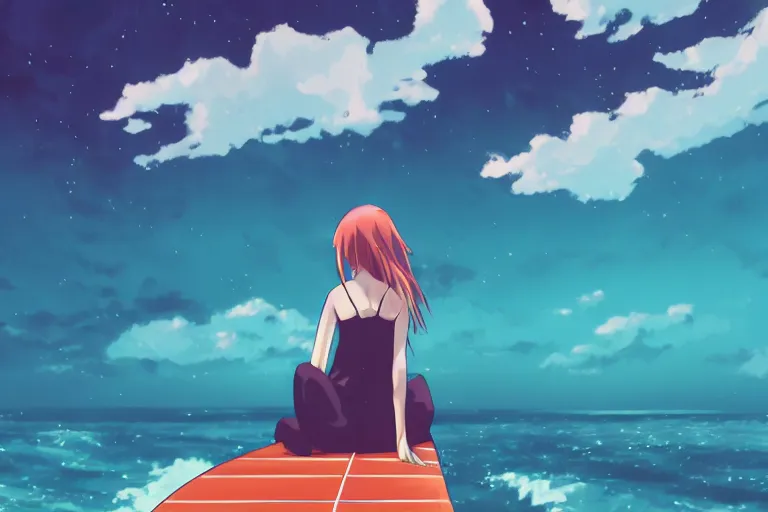 Image similar to anime woman sitting on surf board, tropical island, night time, storm in distance, wide angle, by studio ghibli, yuumei, anime, hazy, foggy, ambient lighting, cottagecore,