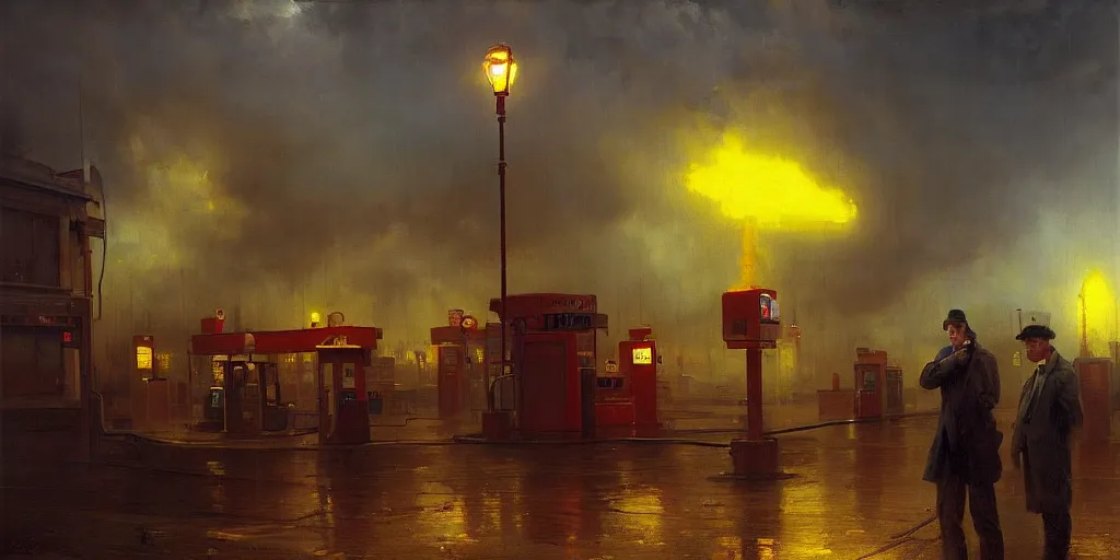 Image similar to a gas station in 1 9 4 0 with yellow and red light in the middle of the night, a men stand up next to the pump, mystical blue fog, oil on canvas, art by andreas achenbach, clemens ascher, tom bagshaw and sabbas apterus,