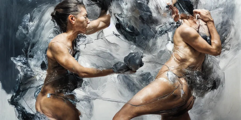 Image similar to highly detailed photography of a strong women fighting, crystals, dust particles, big rocks, sharp focus, dramatic scene, aesthetic, dynamic lighting, elegant, harmony, masterpiece, by jenny saville, by ben aronson, by james jean, by roberto ferri, by jeremy mann, by lucian freud, by kent williams, high quality