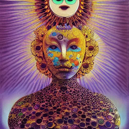 Image similar to the queen of the sun by takashi murakami and zdzisław beksiński, full body, oil on canvas, intricately detailed artwork, full 8k high quality resolution, recently just found unknown masterpiece