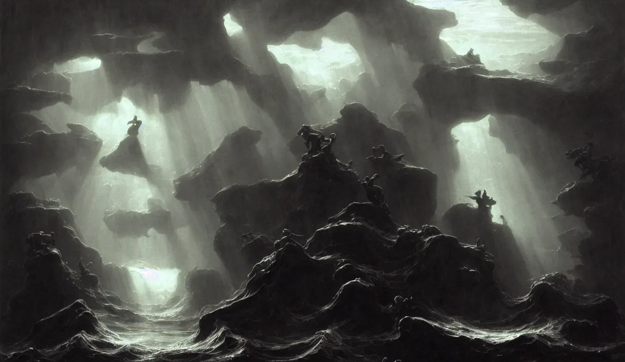 Image similar to low ultrawide shot, dark, underwater men statues, submerged pre - incan temple with carvings, abyss, stylized, anime style mixed with fujifilm, detailed gouache paintings, crepuscular rays, dark, murky, foggy, atmospheric, nicola samori, albert bierstadt, frederic edwin church, beksinski, wayne barlowe's inferno