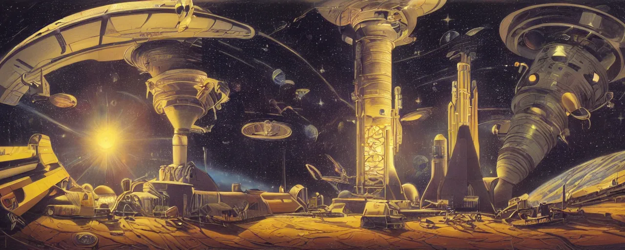 Image similar to a beautiful future for space program, astronauts and space colonies, utopian, by david a. hardy, wpa, public works mural