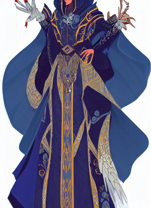 Prompt: hawk and raven headed warlock, wind magic, blue robes, exquisite details, full body character design on a white background, by studio muti