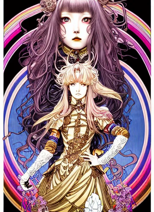 Image similar to highly detailed terada katsuya ayami kojima atrstation manga poster of princess mechine, rainbow gradient reflection, cute face by artgerm, art nouveau, long hair, armor, dress, laces, ruffles, 8 k, maximalist, golden ratio, alphonse mucha