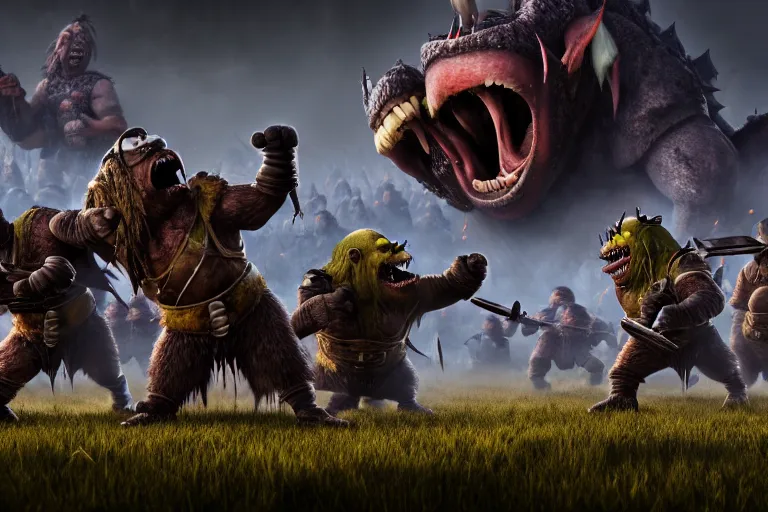 Prompt: diorama of group of minions fending off an army of orcs on the open plains of bliss wallpaper, giant castle walls, realistic, 4 k, detailed, atmospheric, cinematic lighting, octane render, unreal engine render, ray tracing lighting