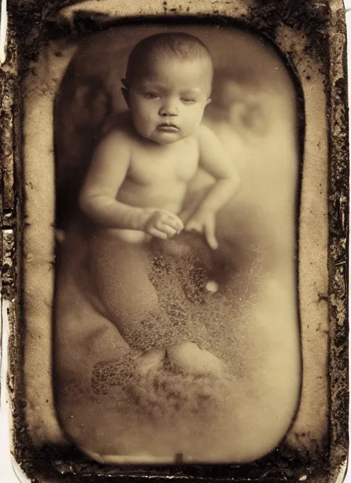 Prompt: old wetplate daguerreotype portrait of baby on mothers womb, explosion of data fragments, fractal, intricate, elegant, highly detailed, parallax, leica, medium format, subsurface scattering, by marie harnett