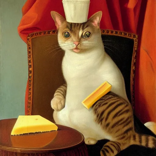 Prompt: portrait painting of a cat holding a piece of cheese and wearing napoleon cloths like a propaganda poster by George Stubbs, renaissance painting, oil painting, old master