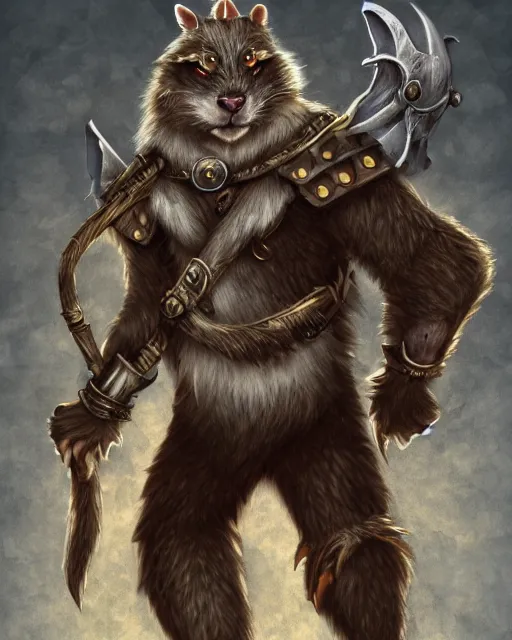 Image similar to a full body shot of a muscular anthro furry rat wearing a fantasy medieval armor striking a heroic pose, fantasy, artstation, furry art, furaffinity, deviantart, symmetrical, highly detailed, award winning, trending