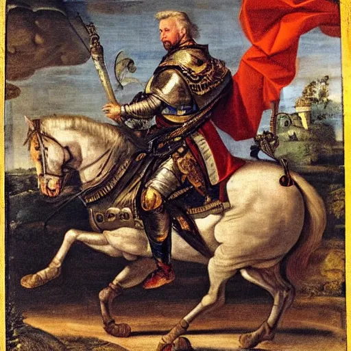 Image similar to donald trump, donald trump, wearing knight ’ s armor, holding a spectacular broadsword, by annibale carracci, two arms, two legs, donald trump ’ s face, donald trump, symmetrical face, highly detailed face, perfect face