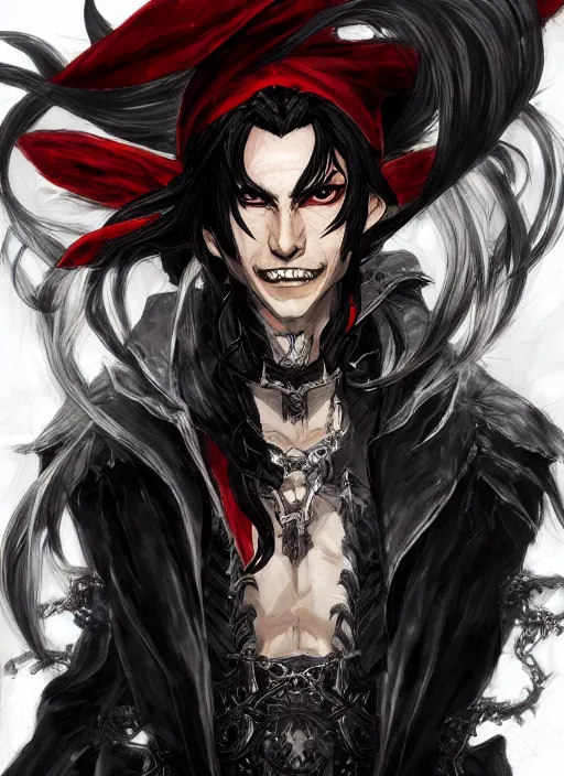 Prompt: Half body portrait of a handsome elf fire mage with long black hair wearing ornate scarlet robe, crazy grin, flame, anarchy. In style of Yoji Shinkawa and Hyung-tae Kim, trending on ArtStation, dark fantasy, great composition, concept art, highly detailed, dynamic pose.