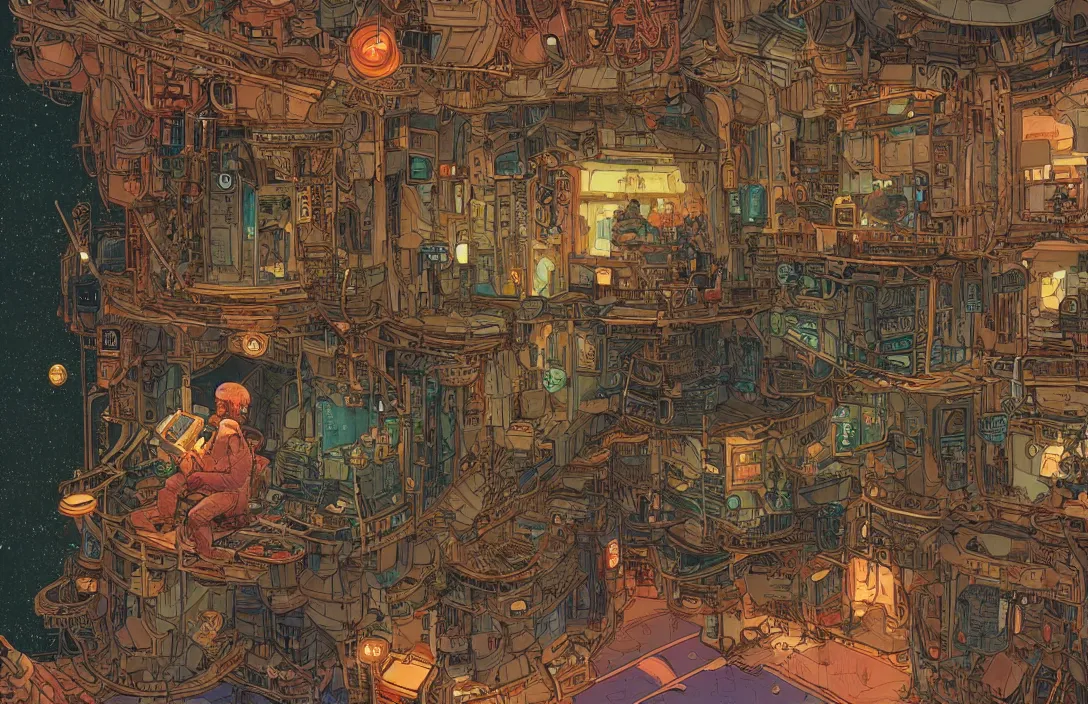 Image similar to Stunningly intricate illustration of a cyberpunk explorer playing video games in his treehouse, highly detailed, midnight, by Victo Ngai and James Gilleard , Moebius, Laurie Greasley