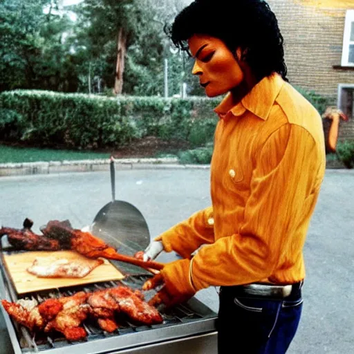 Prompt: a wooden sculpture of michael jackson cooking a bbq