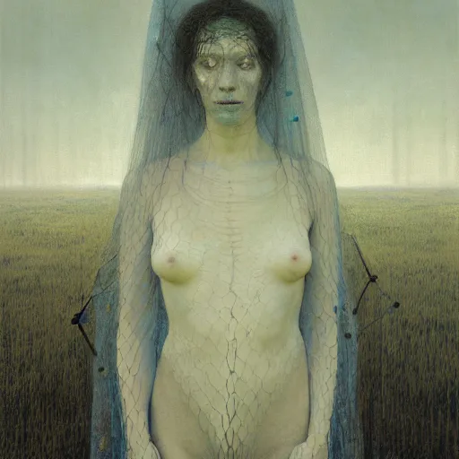 Prompt: portrait of a woman, covered in transparent cloth, plastic, thunder clouds, flat background, Masterpiece, glowing, wires everywhere, by Edgar Maxence and Ross Tran, Zdzisław Beksiński, and Michael Whelan, distant, gustav dore, H.R. Giger, 8k, octane render