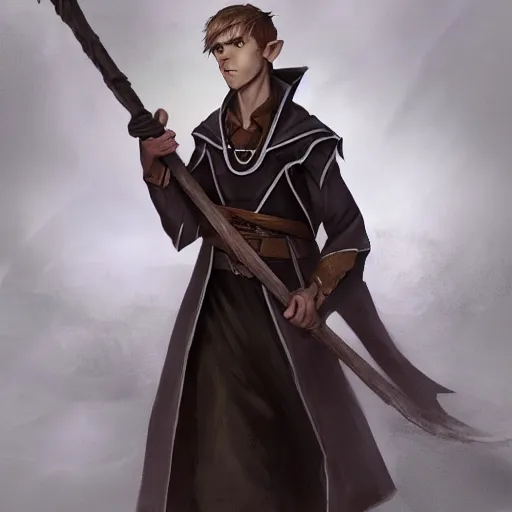 Image similar to An adolescent male half-elf wizard, focus on face, tall, slim, short brown hair, smiling, wizard robes, staff, sharp focus, highly detailed, photograph, cinematic, dynamic lighting, trending on artstation, digital painting, in the style of Chris Ostrowski