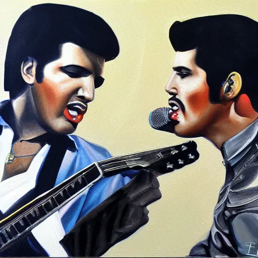 Prompt: elvis presley and freddie mercury singing together, oil painting, trending on art station, 8 k