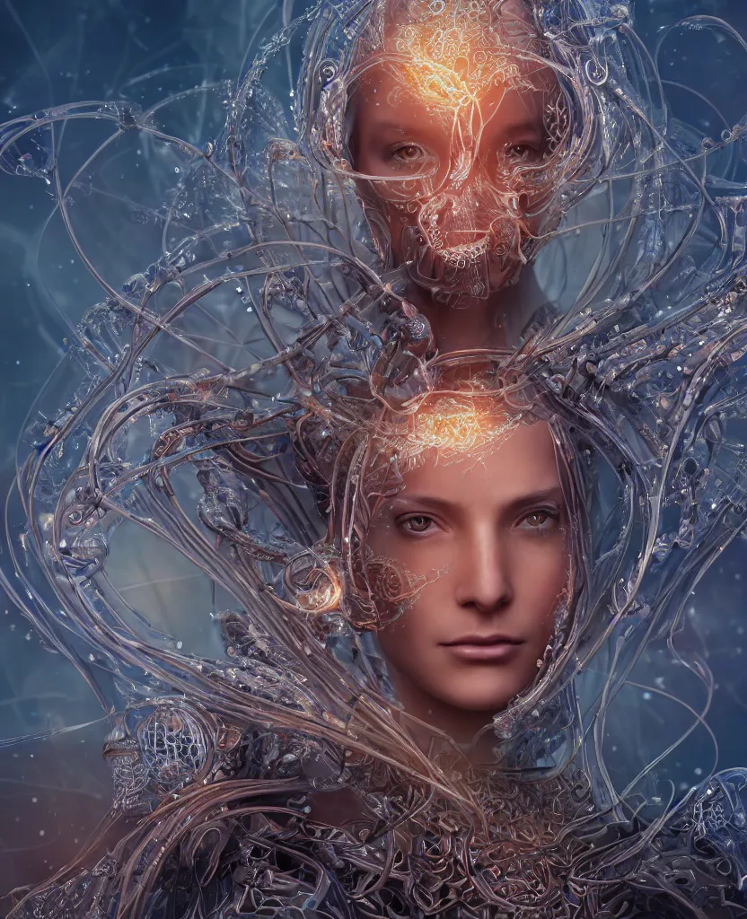 Prompt: epic medieval futuristic close-up macro portrait of the face of a beautiful princess, epic angle and pose, symmetrical artwork, 3d with depth of field, blurred background, cybernetic jellyfish female face skull phoenix bird, translucent, nautilus, energy flows of water and fire. a highly detailed epic cinematic concept art CG render. made in Maya, Blender and Photoshop, octane render, excellent composition, cinematic dystopian brutalist atmosphere, dynamic dramatic cinematic lighting, aesthetic, very inspirational, arthouse. y Greg Rutkowski, Ilya Kuvshinov, WLOP, Stanley Artgerm Lau, Ruan Jia and Fenghua Zhong