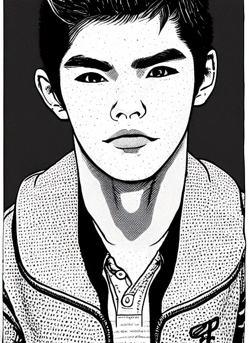 Image similar to portrait of teenage archie andrews, freckles, varsity jacket, intricate, highly detailed, illustration, art by junji ito, junji ito