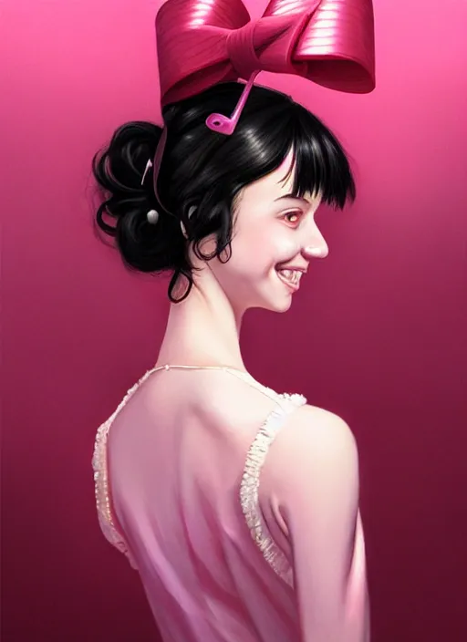 Image similar to portrait of high school girl, realistic, black hair, bangs, half updo hairstyle, pointy nose, skinny, smile, ugly, defined jawline, big chin, pink hair bow, earrings, intricate, elegant, glowing lights, highly detailed, digital painting, artstation, sharp focus, illustration, art by wlop, mars ravelo and greg rutkowski