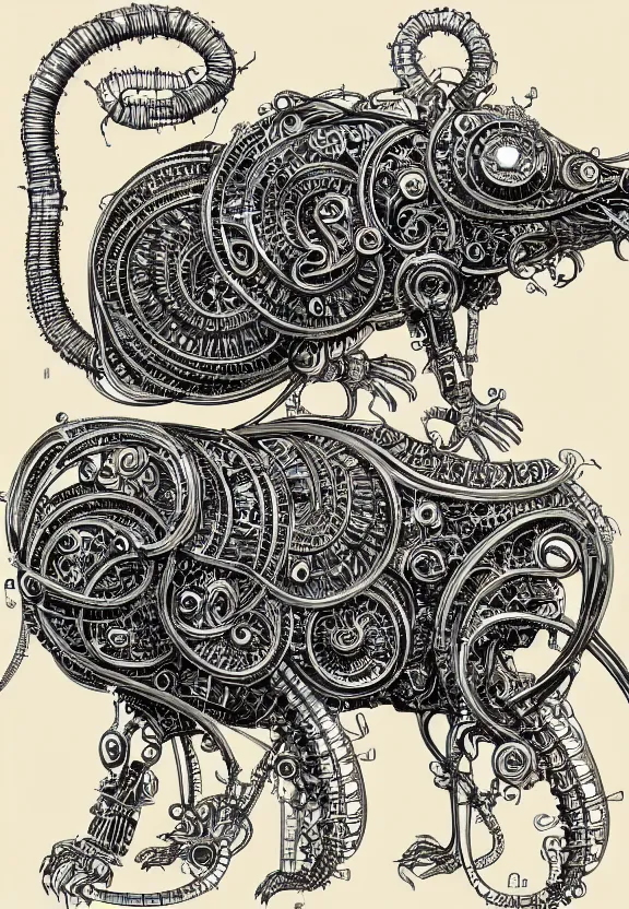 Image similar to schematic blueprint of highly detailed ornate filigreed convoluted ornamented elaborate cybernetic rat, art by da vinci