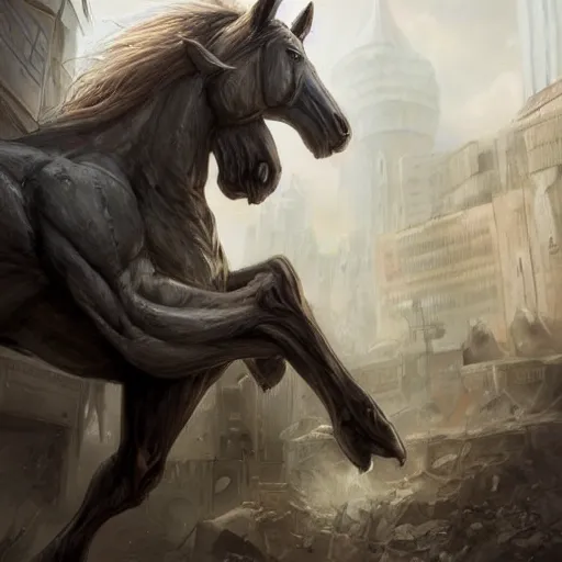 Prompt: an exaggeratedly muscular anthropomorphized horse whose body bulges with muscle wearing a kevlar combat outfit standing in a ruined city, long white mane, equine, anthro art, furaffinity, highly detailed, digital painting, artstation, concept art, illustration, art by artgerm, greg rutkowski, ruan jia