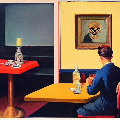 Image similar to a 1 9 5 0 ad for a diner with a portrait painting of a man with a skull as his head is sitting alone on a table, in the style of edward hopper, 4 k,