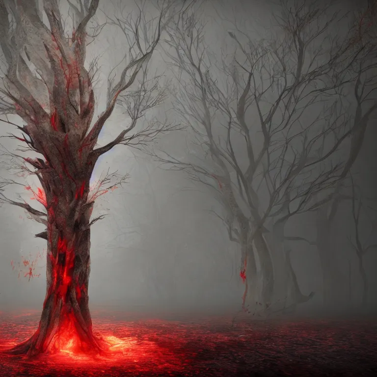 Image similar to a bloody tree as a demon on hell, dark, foggy, eerie, splash, sparkle, smoke, particles, octane render, unreal engine, artstation, digital art.