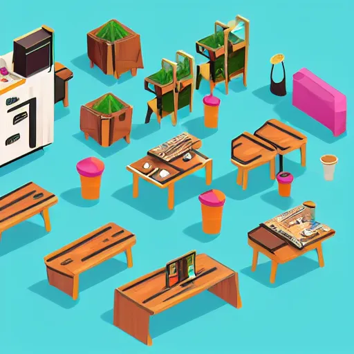 Image similar to isometric cartoon of funky recreational cannabis cafe area, baristas coffee machine, aluminum sheen, people drinking coffee and smoke cannabis cigarettes, weed vending machines, only 3 tables beanbags, 4 cannabis pots, by benoit mandelbrot, low poly cute minimal interior design concept art illustrated by anni albers, 2 d game art