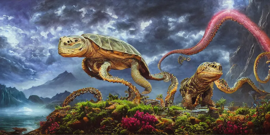 Image similar to fantasy oil painting, great leviathan, cybernetic turtle cephalopod terrapin reptilian pachyderm squid, bella hadid, hybrid, milla jovovich, anubis, epic natural light, lush plants flowers, spectacular mountains, bright clouds, luminous sky, outer worlds, golden hour, michael cheval, edward hopper, michael whelan, vray, hd