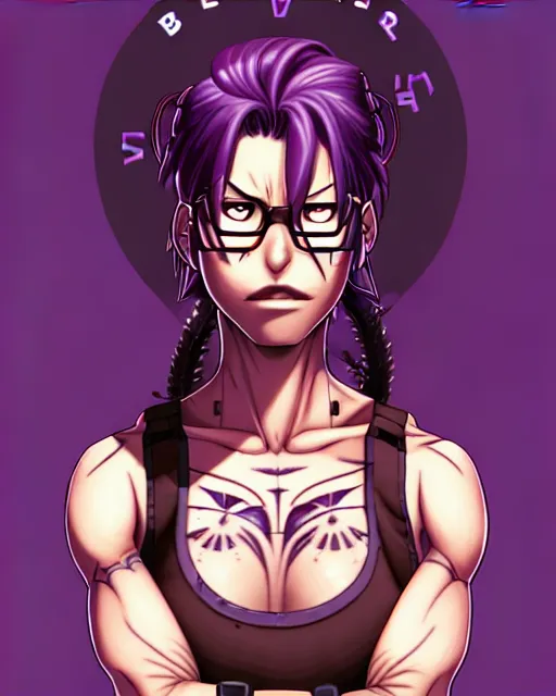 Image similar to a portrait of revy from black lagoon, dilraba dilmurarevy, smirk, black tank top, jean shorts, brown eyes, purple hair, tribal tattoos right arm sleeve, symmetrical eyes, symmetrical face, art by lois van baarle and loish and ross tran and rossdraws and sam yang and artgerm