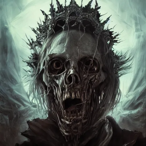 Image similar to the decaying king of the necromancers, portrait, horror art, realism, unreal engine, oil on canvas, dramatic, cinematic shot, ambient lighting, apocalyptic, ornate and elegant, intricate clothing, very detailed, 4 k ultra hd, digital art, trending on artstation