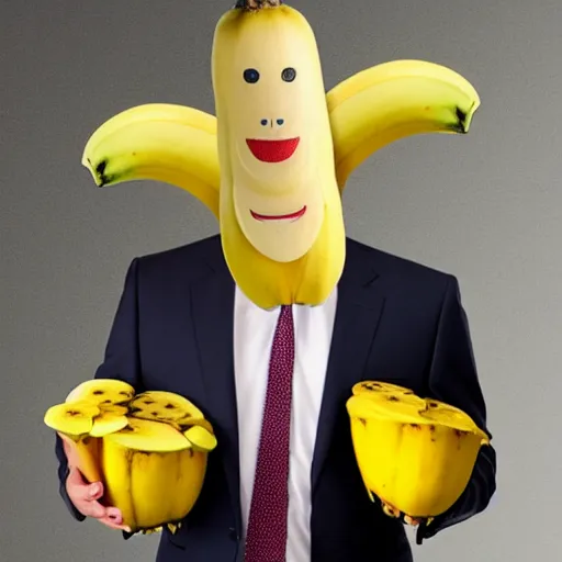 Image similar to banana head, a man wearing a suit banana head